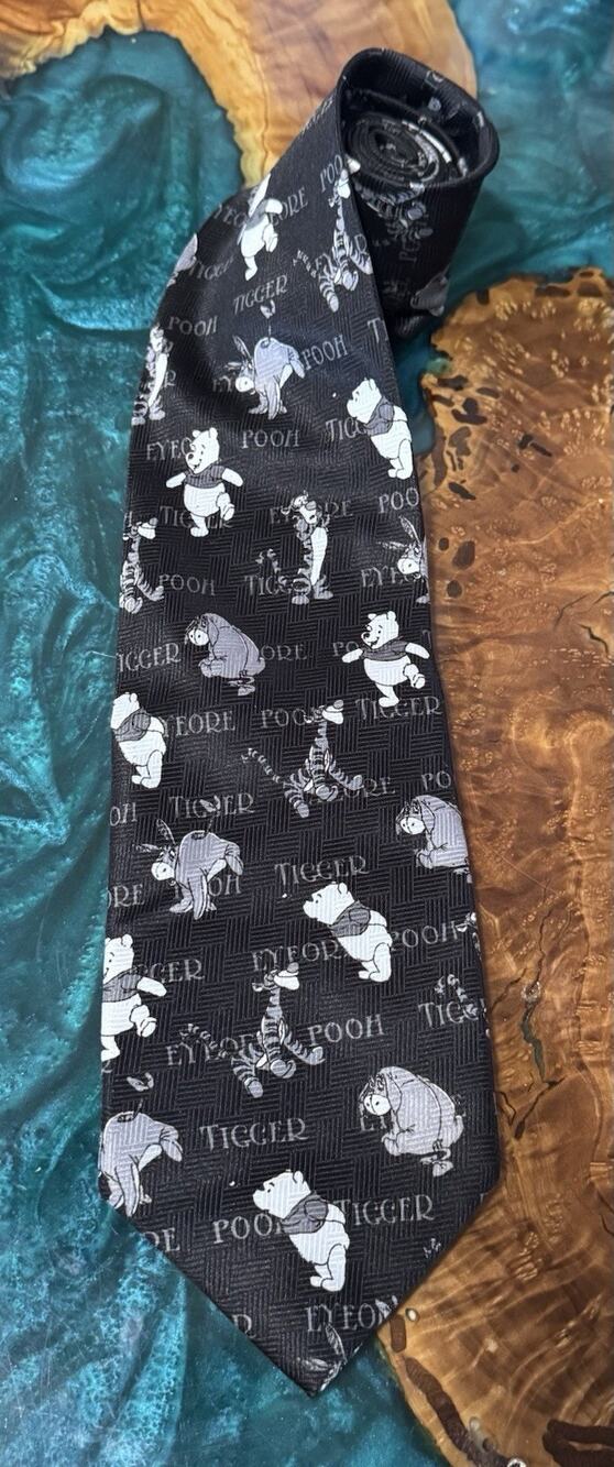Disney Tie Winnie the Pooh, Tigger, and Eeyore. Black and grey. 58” polyester.